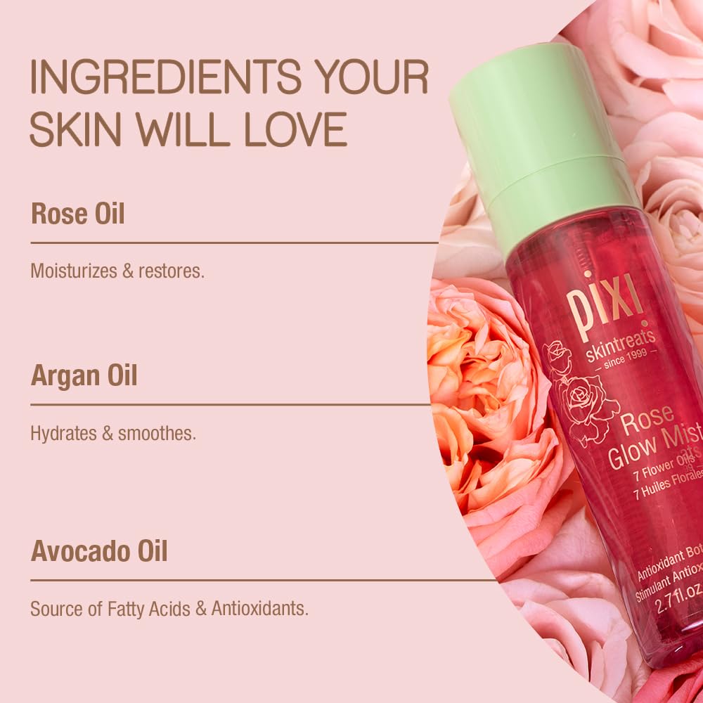 Pixi Beauty Rose Glow Mist | All-Over Mist For Luminous Complexion | Set & Refresh Makeup | Hydrate Skin With 21 Natural Oils (2.7 Fl Oz.)