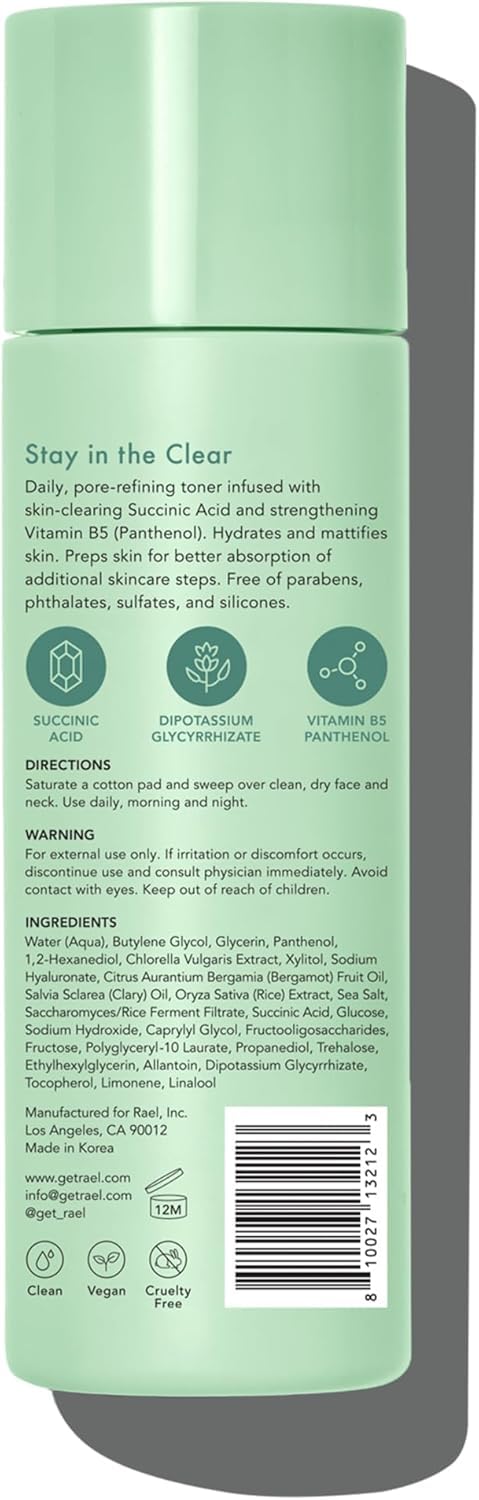 Rael Toner for Face, Miracle Clear – Daily Toner with Succinic Acid, Vitamin B5, Hydration, Korean Skin Care (5.1 oz)