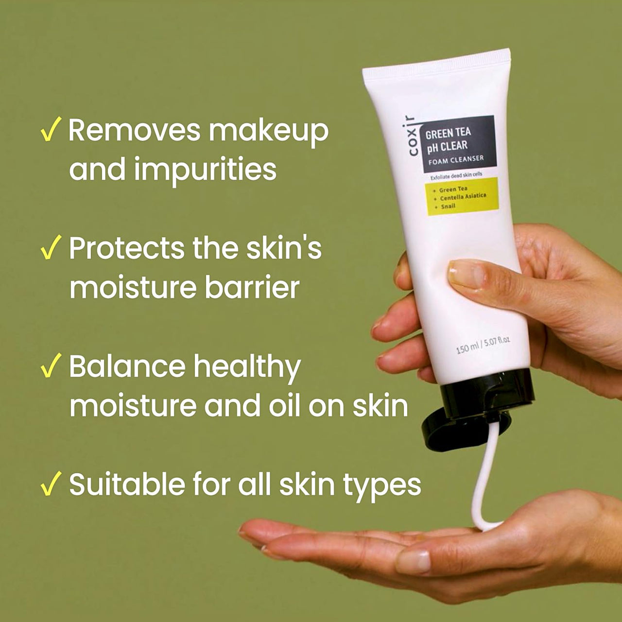 coxir GREENTEA PH CLEAR FOAM CLEANSER 5.07 Fl Oz l Low pH Formula Facial Washes with Gentle Exfoliating l deep cleanses pores and remove dead skin cells on skin,Korean skincare