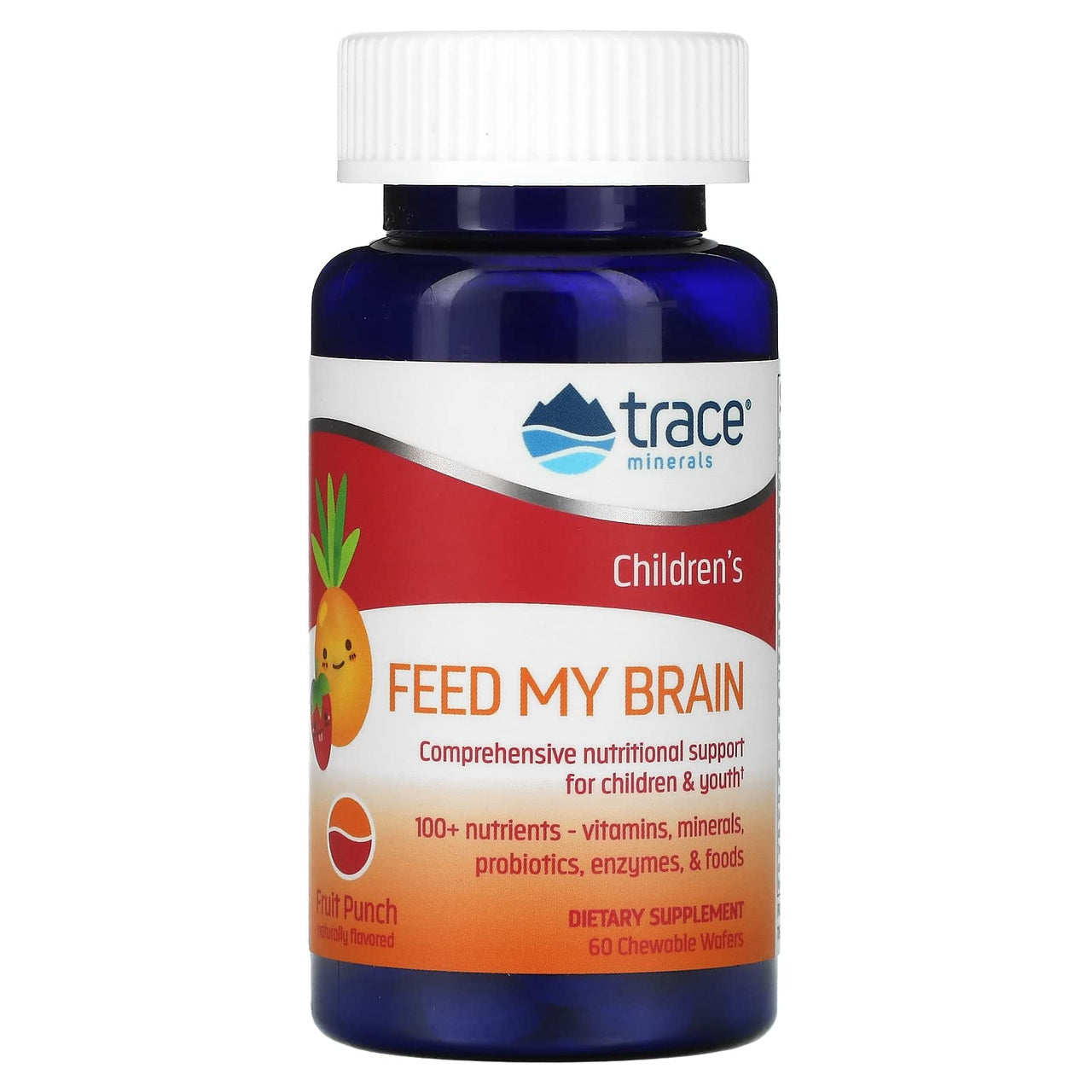 Trace Minerals Children's Feed My Brain - Brain Support Supplement for Kids - Multivitamin for Focus Support with Enzymes, Vitamins & Minerals - Fruit Punch Flavor, 60 Chewable Wafers (30 Servings)