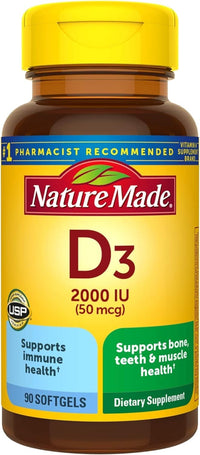 Thumbnail for Nature Made Vitamin D3, 90 Softgels, Vitamin D 2000 IU (50 mcg) Helps Support Immune Health, Strong Bones and Teeth, & Muscle Function, 250% of The Daily Value for Vitamin D in One Daily Softgel