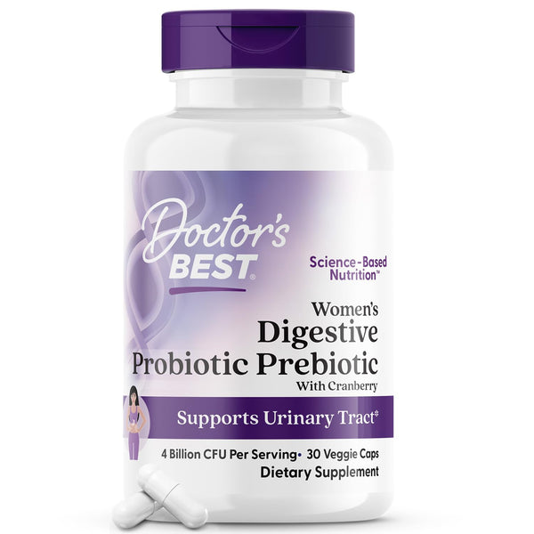 Doctor's BEST Womens Digestive Probiotic Prebiotic with Cranberry and PreforPro (4 Billion CFU), Supports Urinary Tract, Non-GMO, Vegan 30 Veggie Caps