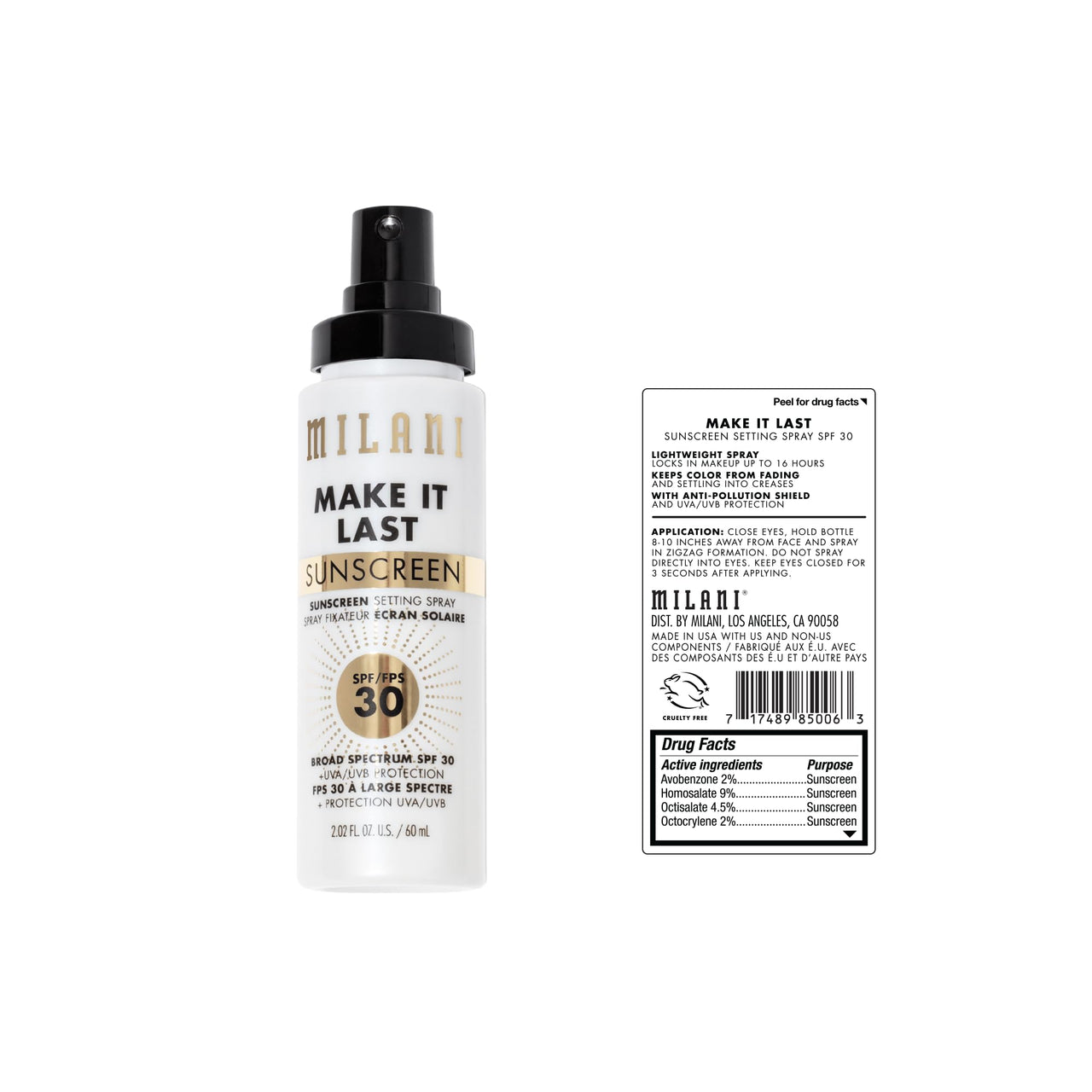 Milani Sunscreen Setting Spray + Primer, Make It Last Sunscreen for Face- SPF 30 UVA & UVB Protection Antioxidant Rich Formula for Broad Spectrum Protection, Prime + Set + Protect, 2.02Fl. Oz - 2 Pack