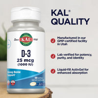 Thumbnail for KAL Vitamin D3 1000 IU Softgels (25 mcg), Active Form of Vitamin D, Calcium Absorption, Bone Health, Immune Support Supplement, Liquid Filled ActivGel, Made Without Soy, 100 Servings, 100 Softgels