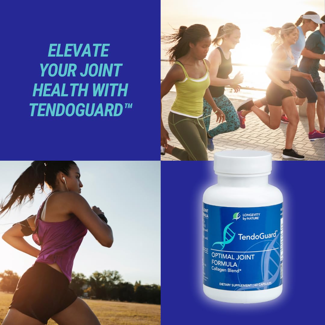 Longevity by Nature TendoGuard Joint Support Supplement with Collagen Peptides, Hyaluronic Acid Supplements, Tendon and Ligament, 60 Capsules