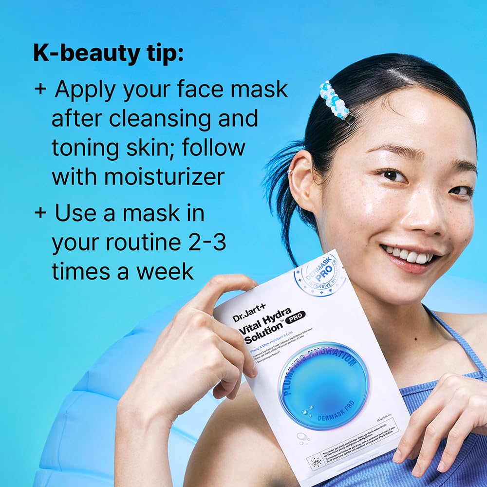 Dr.Jart+ Dermask Vital Hydra Solution Glow Korean Face Mask with Hyaluronic Acid for Glass Skin | Sheet Mask | Korean Skin Care, 5 Pack