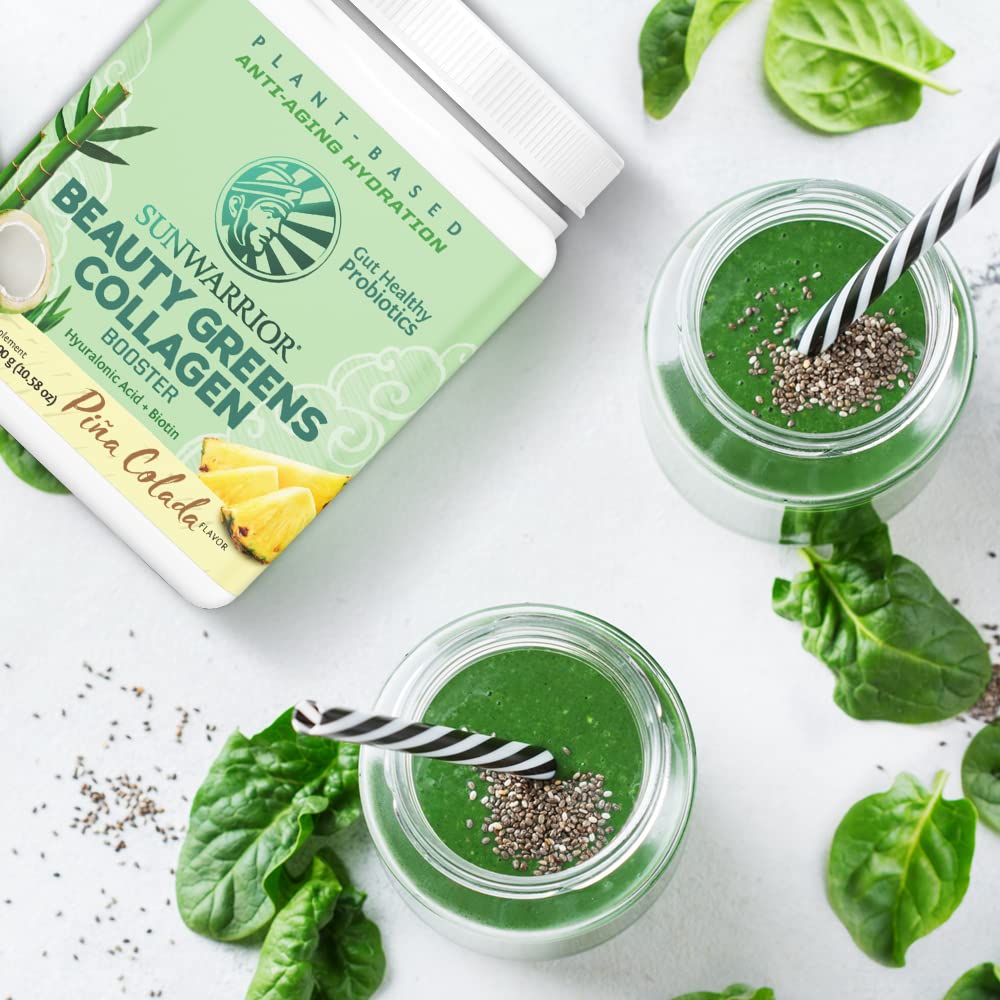 Sunwarrior Vegan Beauty Greens Drink Plant-Based | Hyaluronic Acid Minerals Biotin Probiotics Non-GMO Soy Free Sugar Free Dairy Free Gluten Free | Pina Colada 25 Servings