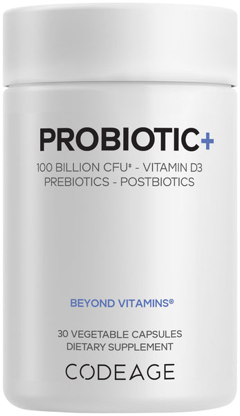 Codeage Probiotic+ 100 Billion CFU Supplement - 12-Strain Probiotic Blend, Organic Prebiotic Fiber, Postbiotics, Vitamin D3, Zinc Bisglycinate, Quercetin - for Men & Women - Non-GMO- 30 Capsules