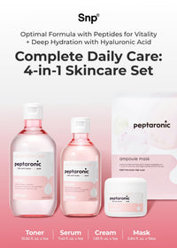Thumbnail for Snp 6 Peptides + 5 Hyaluronic Acid Skincare Set | 4-in-1 Kit of Toner, Serum, Cream & Sheet Masks | Moisturizing, Firming & Hydrating | Korean Skincare Set for Dry & Sensitive Skin | Peptaronic Set