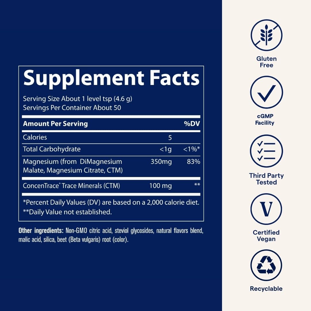 Trace Minerals | Stress-X Magnesium Powder | Stress Relief, Regularity, Relax, Sleep, Energy, Relaxes Muscles, Cell Function | Non-GMO, Gluten Free, and Certified Vegan | Raspberry Lemon Flavor|8.5 oz