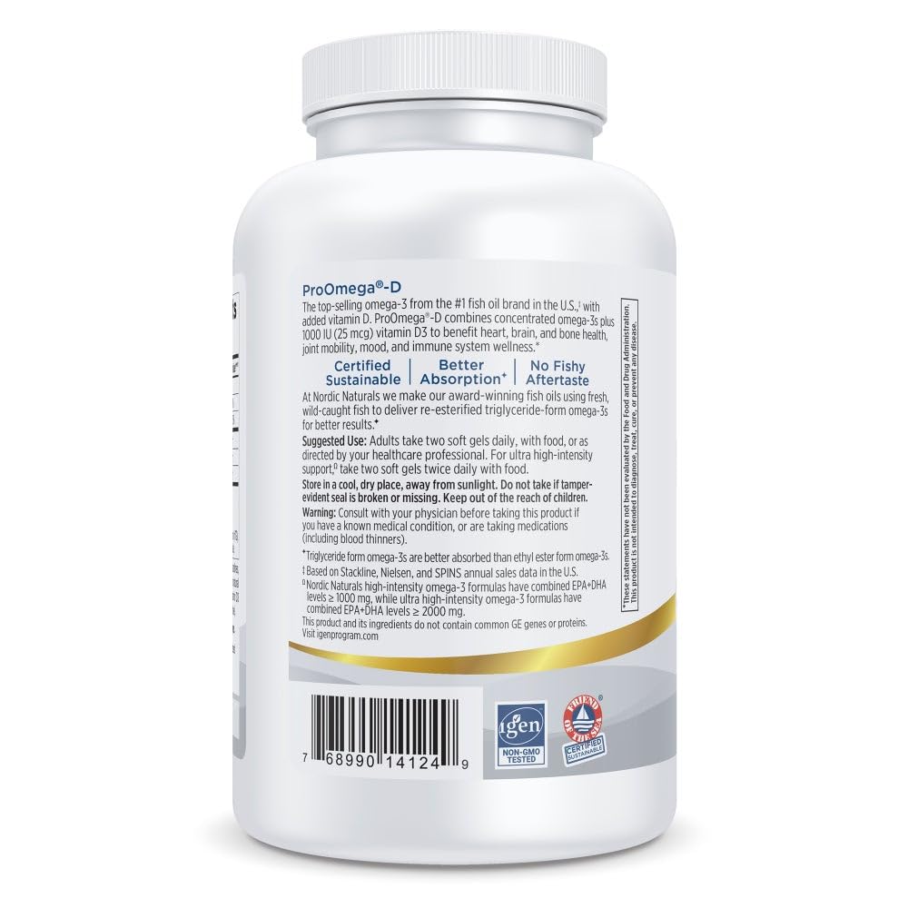 Nordic Naturals ProOmega-D, Lemon Flavor - 180 Soft Gels - 1280 mg Omega-3 + 1000 IU D3 - High-Potency Fish Oil - EPA & DHA - Brain, Eye, Heart, & Immune Health - Non-GMO - 90 Servings