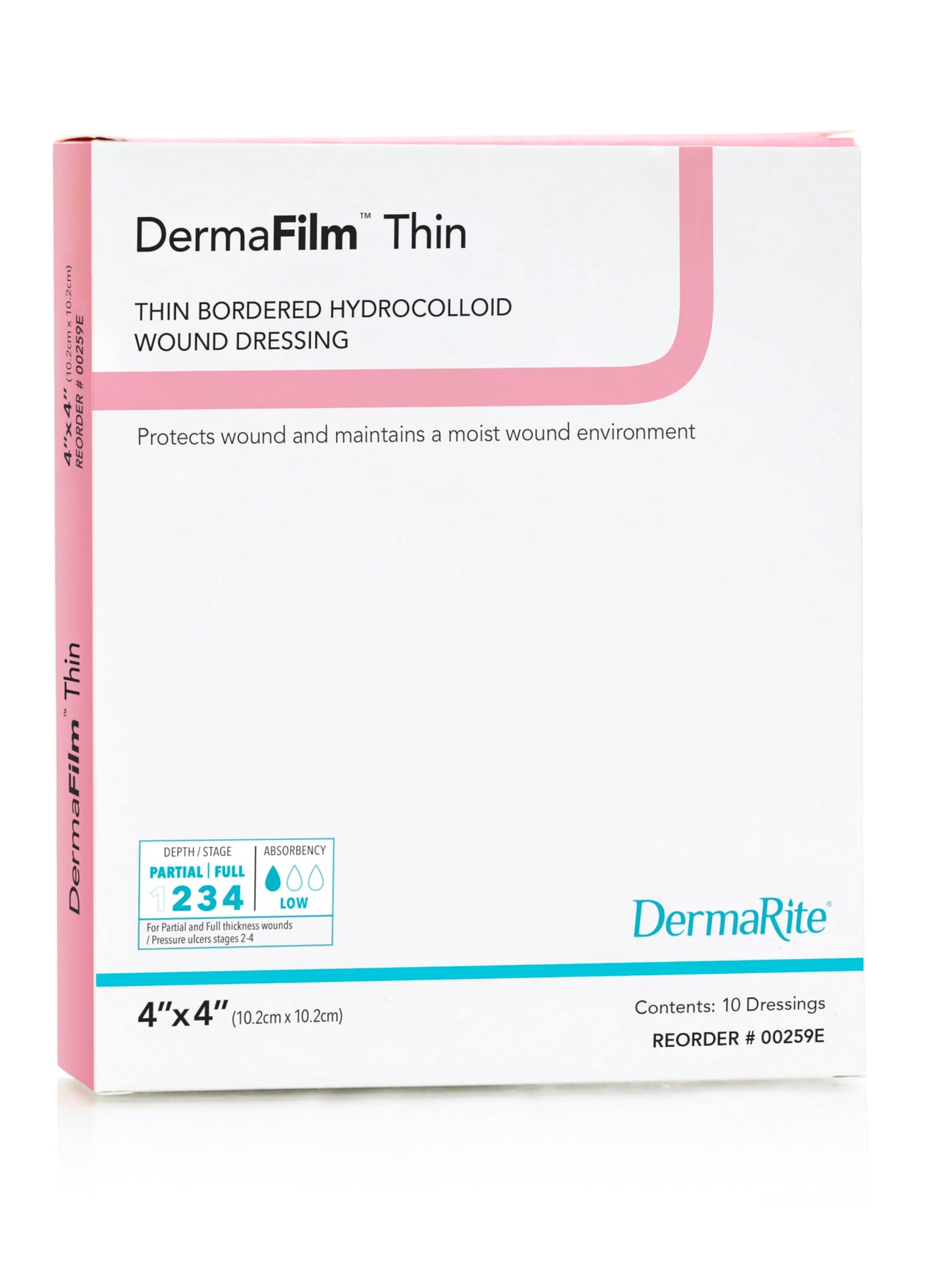 DermaRite's DermaFilm Thin, Bordered Hydrocolloid Wound Dressing - Transparent with Grid Film Backing, Promotes Healing - 4 in. x 4 in., 1 Count, 10 Packs, 10 Total