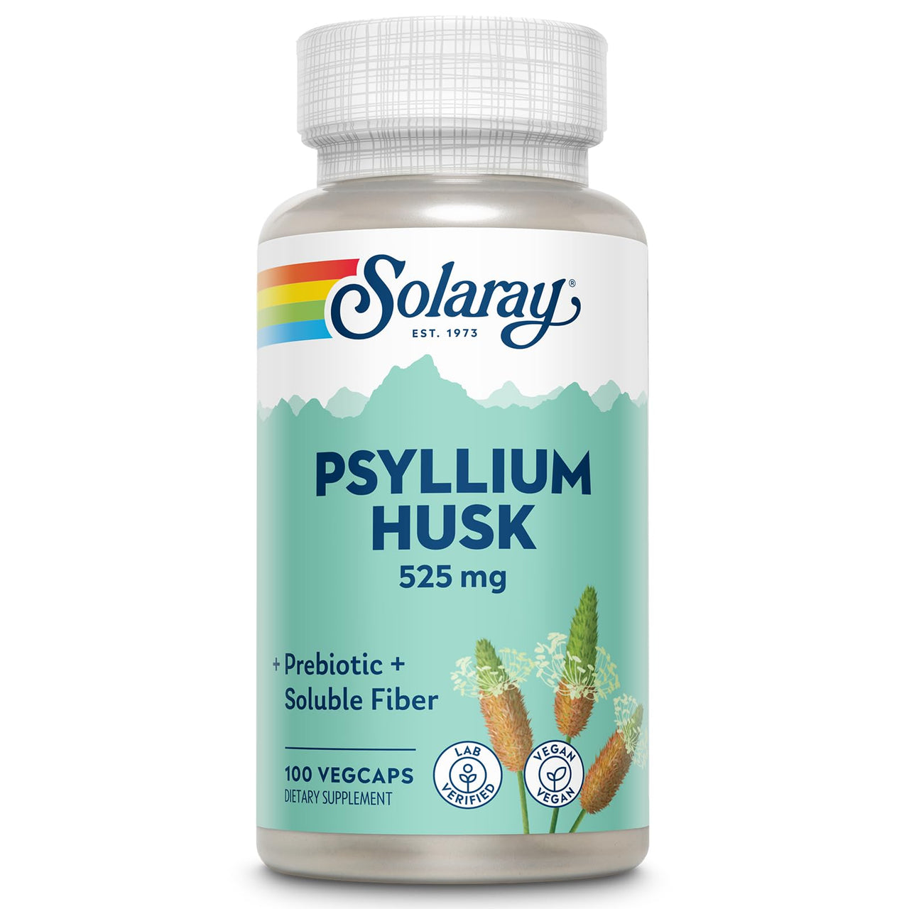 SOLARAY Psyllium Husk Capsules â€“ 525 mg Prebiotic and Soluble Fiber Supplement for Overall Daily Wellness Support â€“ Vegan, Lab Verified â€“ 100 Servings, 100 VegCaps