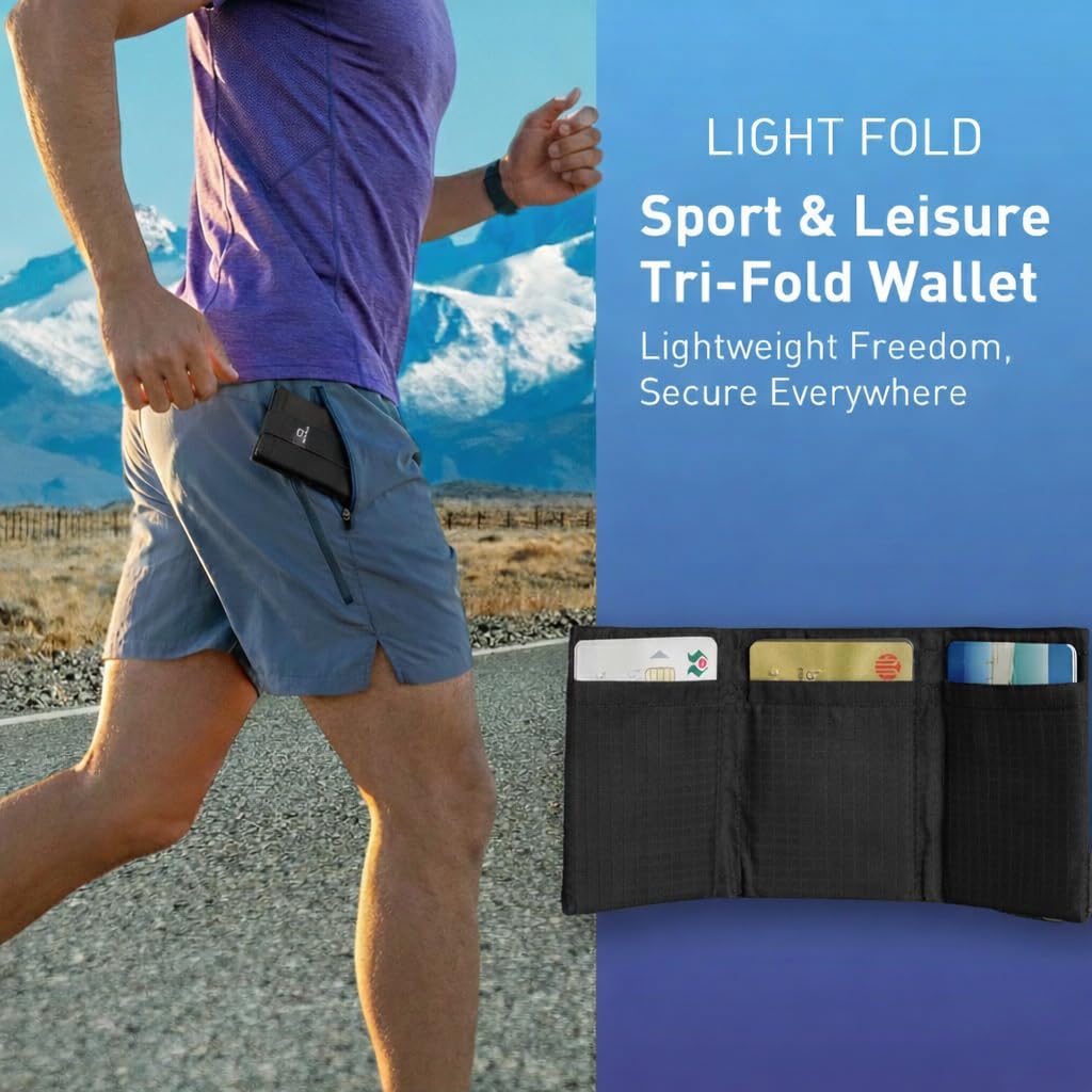 LIGHT FOLD Ultra Slim Tri-Fold Wallet with RFID Blocking, Lightweight Minimalist Men’s Wallet with Elastic Band, Waterproof Durable Nylon Fabric, Slim Front Pocket Card Holder Fits 12 Cards & Cash