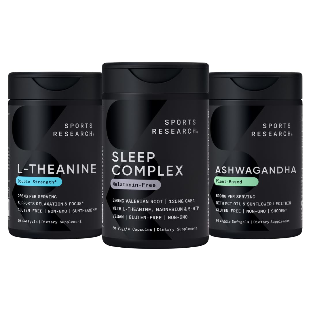 Sports Research® De-Stress & Sleep Bundle - Melatonin-Free Sleep Complex, Double Strength L-Theanine Supplement and Ashwagandha Softgels with Coconut MCT Oil for Relaxation, Calm & Sleep Support