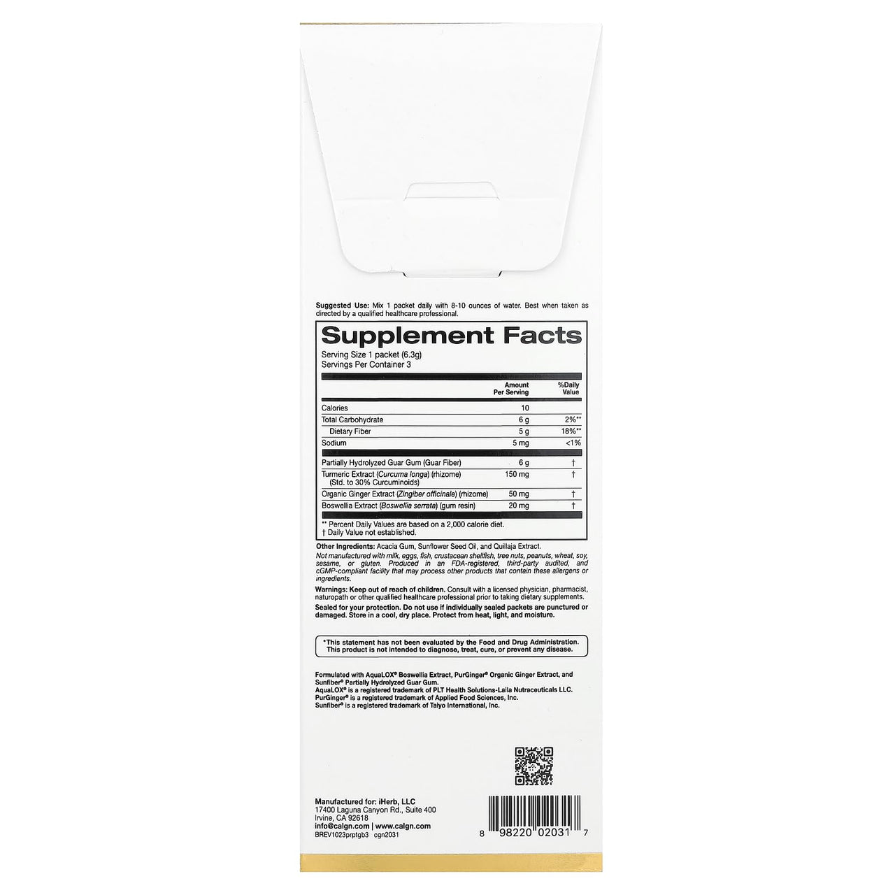 California Gold Nutrition Prebiotic Fiber Plus Turmeric Extract, Organic Ginger Extract and Boswellia Extract, 3 Packets, 0.22 oz (6.3 g) Each