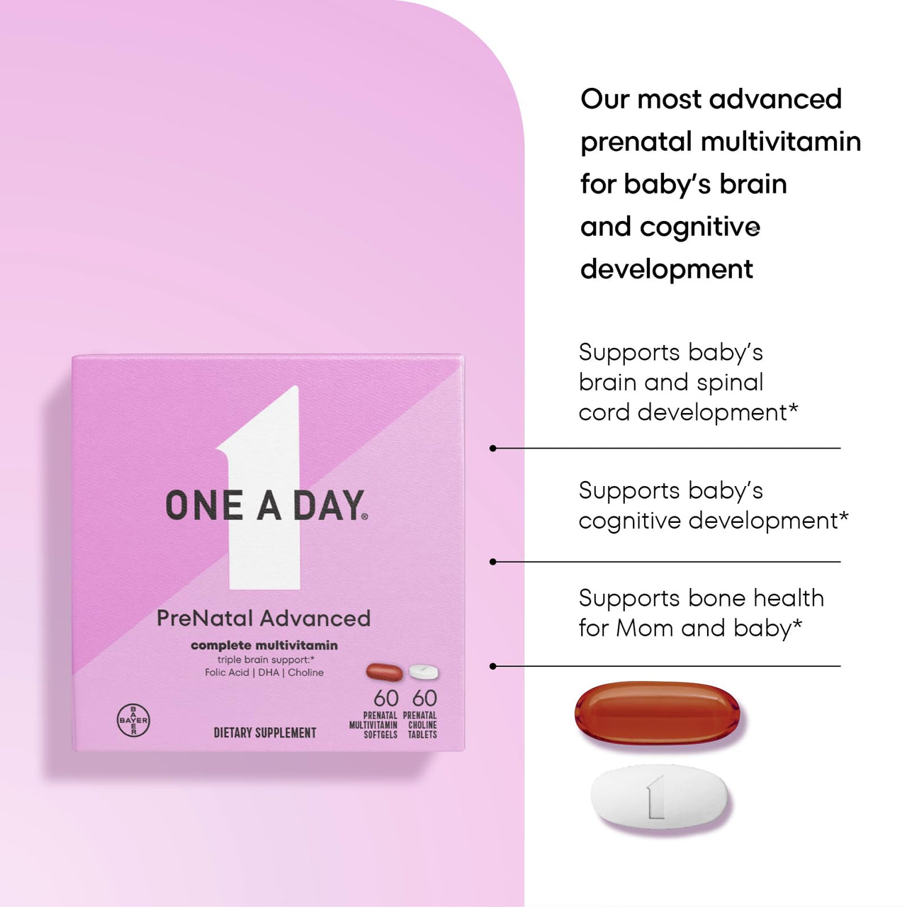 ONE A DAY Women’s Prenatal Advanced Complete Multivitamin with Brain Support* with Choline, Folic Acid, Omega-3 DHA & Iron for Pre, During & Post Pregnancy, 60+60 Ct (120 Total) (Packaging May Vary)