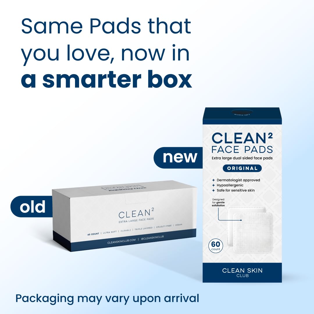 Clean Skin Club Clean² Pads 2.0 [New & Improved Edges] Guaranteed Not to Shed & Tear, Unique Triple Layers, Textured Side & Ultra Soft Side, Organic Disposable Cotton, Pair with Makeup Remover 2 Pack