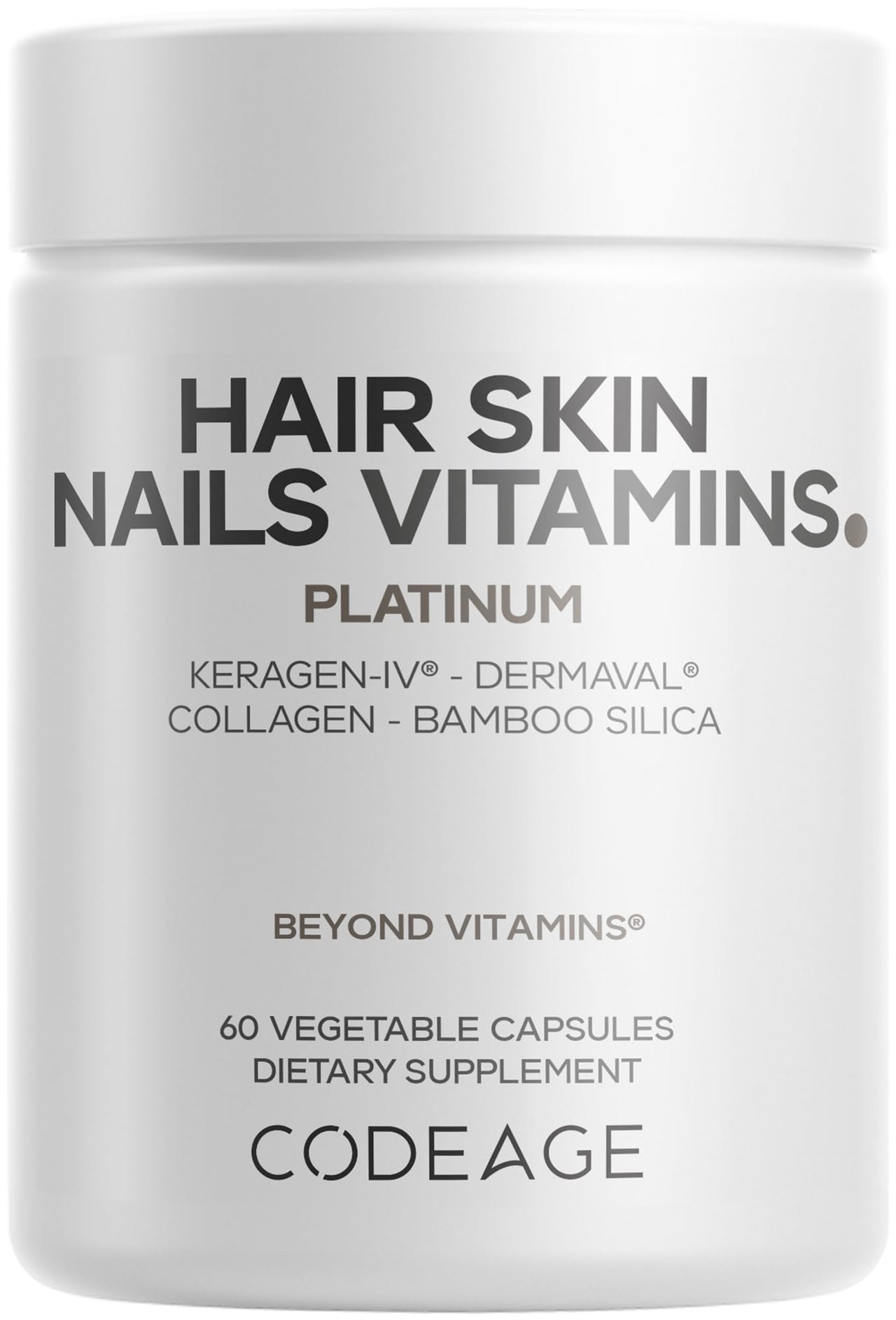 Codeage Hair Skin Nails Vitamins Platinum - KeraGEN-IV Keratin, Dermaval - Hair Fall, Skin Elasticity & Moisture Support - Biotin 5000, Collagen, Vitamin C, Coffeeberry, PABA Supplement - 60 Capsules