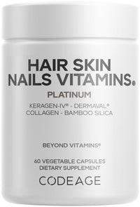 Thumbnail for Codeage Hair Skin Nails Vitamins Platinum - KeraGEN-IV Keratin, Dermaval - Hair Fall, Skin Elasticity & Moisture Support - Biotin 5000, Collagen, Vitamin C, Coffeeberry, PABA Supplement - 60 Capsules