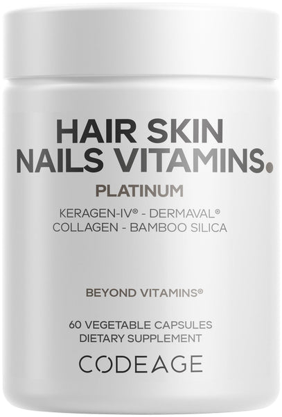 Codeage Hair Skin Nails Vitamins Platinum - KeraGEN-IV Keratin, Dermaval - Hair Fall, Skin Elasticity & Moisture Support - Biotin 5000, Collagen, Vitamin C, Coffeeberry, PABA Supplement - 60 Capsules