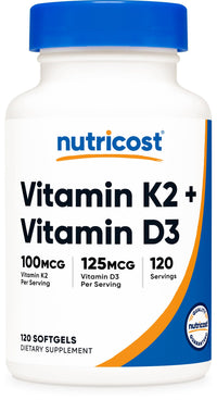 Thumbnail for Nutricost Vitamin D3 + K2 (5000 IU D3 / 100mcg MK7), 120 Softgels – Gluten-Free & Non-GMO