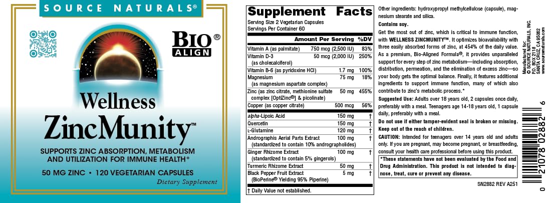 Source Naturals Wellness ZincMunity, Supports Zinc Absorbtion, Metabolism, and Utlization for Immune Health*, 50 mg Zinc - 120 Vegetarian Capsules