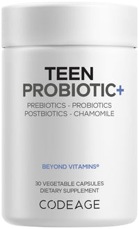 Thumbnail for Codeage Teen Probiotic+ Supplement - 25 Billion CFU Probiotic Blend with Prebiotics, Postbiotics & Chamomile - Gut & Digestion Support for Teens and Teenagers 12 & Up - Non-GMO- 30 Capsules
