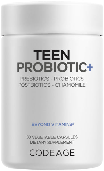 Codeage Teen Probiotic+ Supplement - 25 Billion CFU Probiotic Blend with Prebiotics, Postbiotics & Chamomile - Gut & Digestion Support for Teens and Teenagers 12 & Up - Non-GMO- 30 Capsules