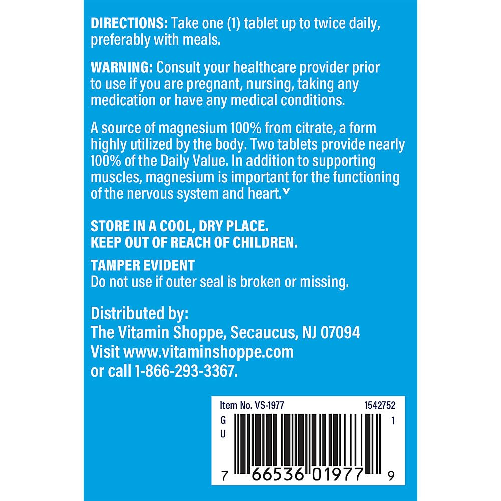 The Vitamin Shoppe Magnesium Citrate 200MG - Muscle Relaxation, Bone Health & Energy Production, Highly Absorbable (300 Tablets)