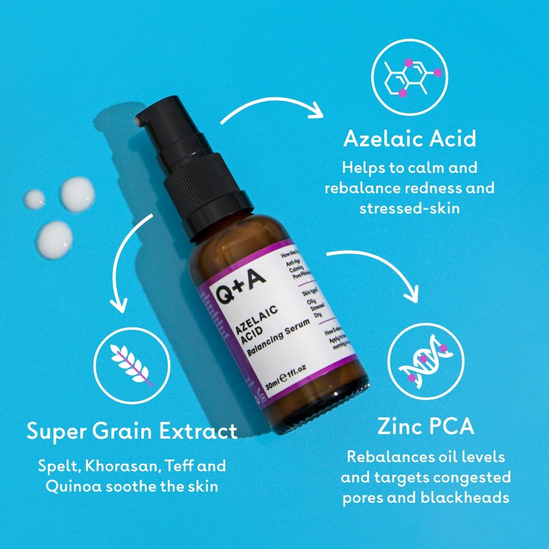 Q+A Azelaic Acid Balancing Serum (30ml), Natural Face Serum with Zinc PCA and Antioxidant Super Grains, Fragrance Free Skincare, Smoothes Skin
