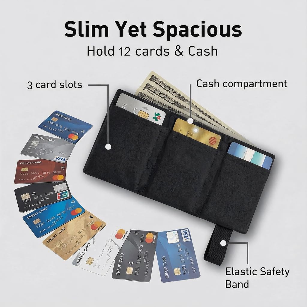 LIGHT FOLD Ultra Slim Tri-Fold Wallet with RFID Blocking, Lightweight Minimalist Men’s Wallet with Elastic Band, Waterproof Durable Nylon Fabric, Slim Front Pocket Card Holder Fits 12 Cards & Cash