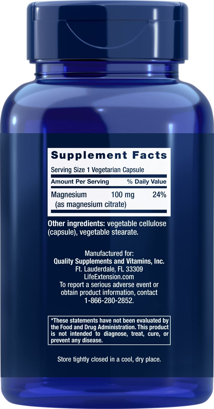 Life Extension Magnesium Citrate 100mg, 180 Veg Caps - Natural Mag Supplement - 100 mg Mineral Support Capsules - Vegetarian, Non-GMO