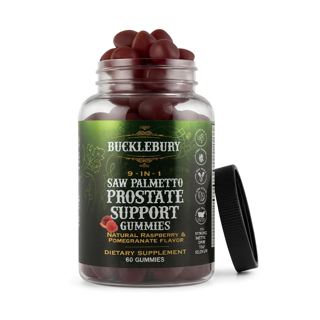 BUCKLEBURY 9-in-1 Natural Saw Palmetto Gummies with Raspberry & Pomegranate Flavor - Plant-Based Prostate Support Supplements for Mens Bladder Health, Hair Growth & Urinary Support - 60 Gummies