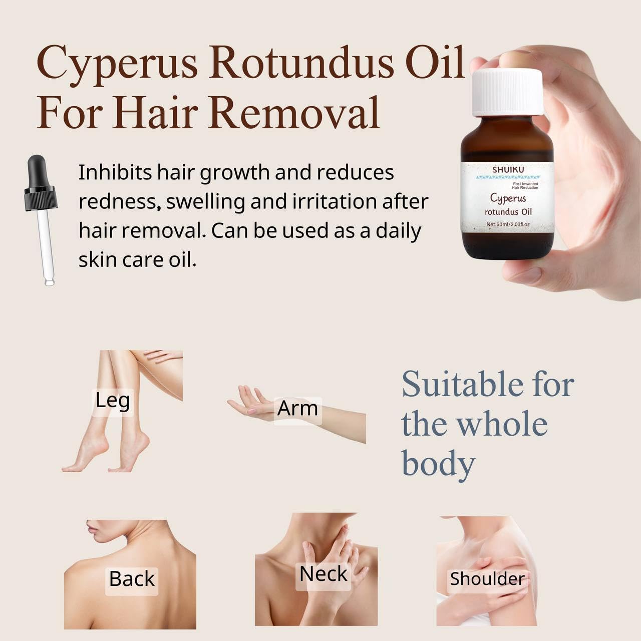SHUIKU Cyperus Rotundus Oil, Cyperus, 100% Pure Natural Oil for Reducing Body Hair Growth (2 PACKS)