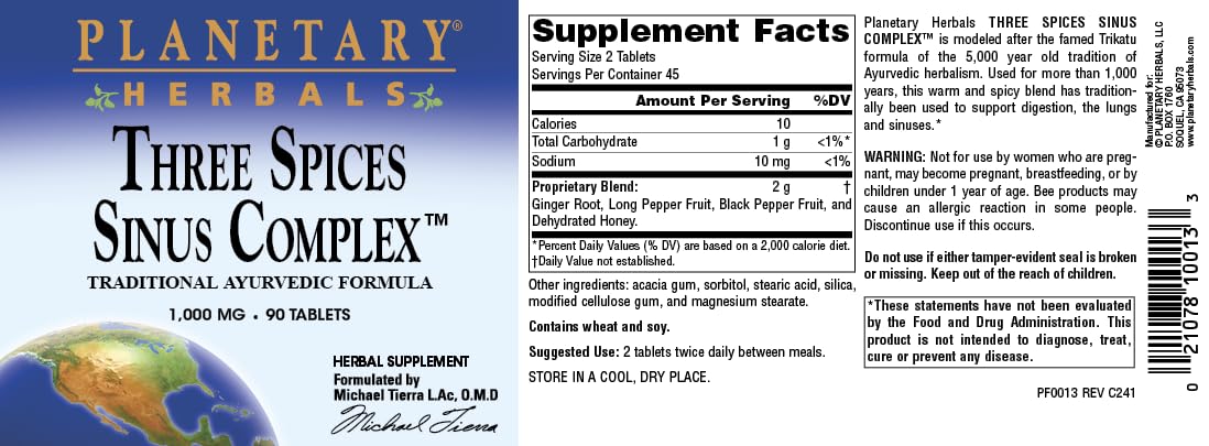 Planetary Herbals Three Spices Sinus Support Tablets, 90 Count