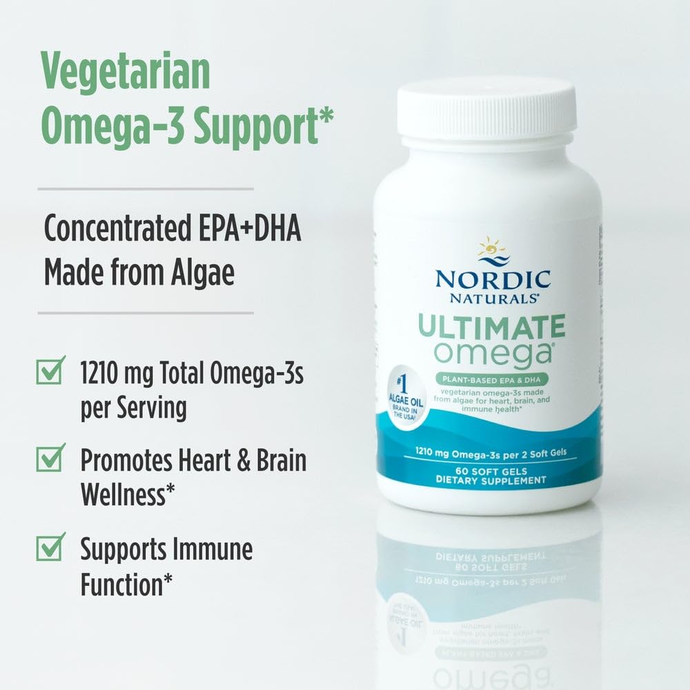 Nordic Naturals Plant Based Ultimate Omega, Lemon Flavor - 60 Vegetarian Soft Gels - 1210 mg Omega-3 - Vegan EPA and DHA - Supplement Made from Algae - Brain & Heart Support - Non-GMO - 30 Servings