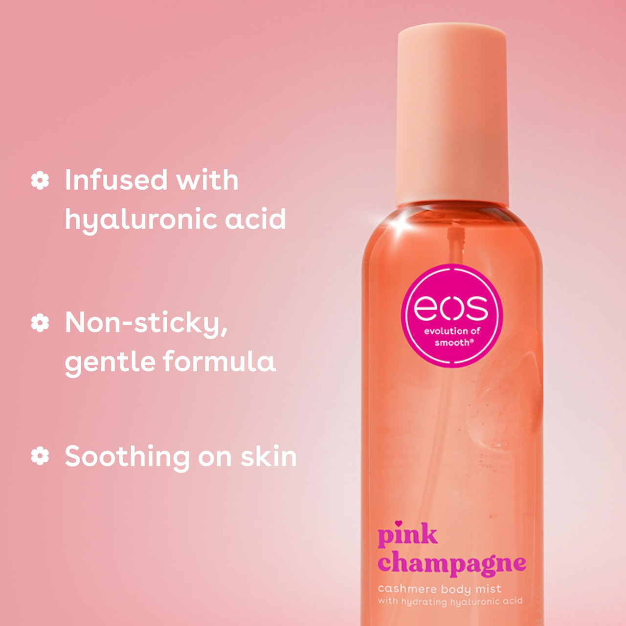 eos Cashmere Body Mist, Pink Champagne, body spray for women, hair mist, moisturizing, hyaluronic acid, glycerin, vegan, cruelty-free, 6 fl oz