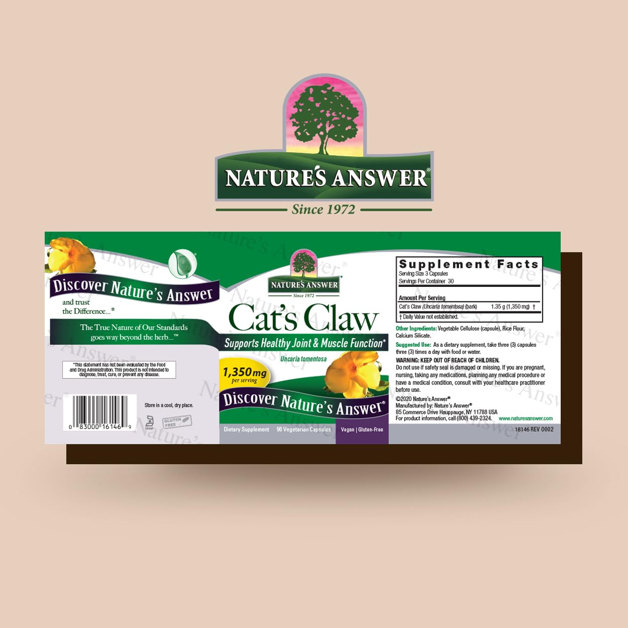 Nature's Answer Cat's Claw Inner Bark | Full Spectrum Herb | Supports Healthy Joint & Muscle Function | Gluten-Free, Vegan/Vegetarian & Kosher Certified | 90ct Capsules