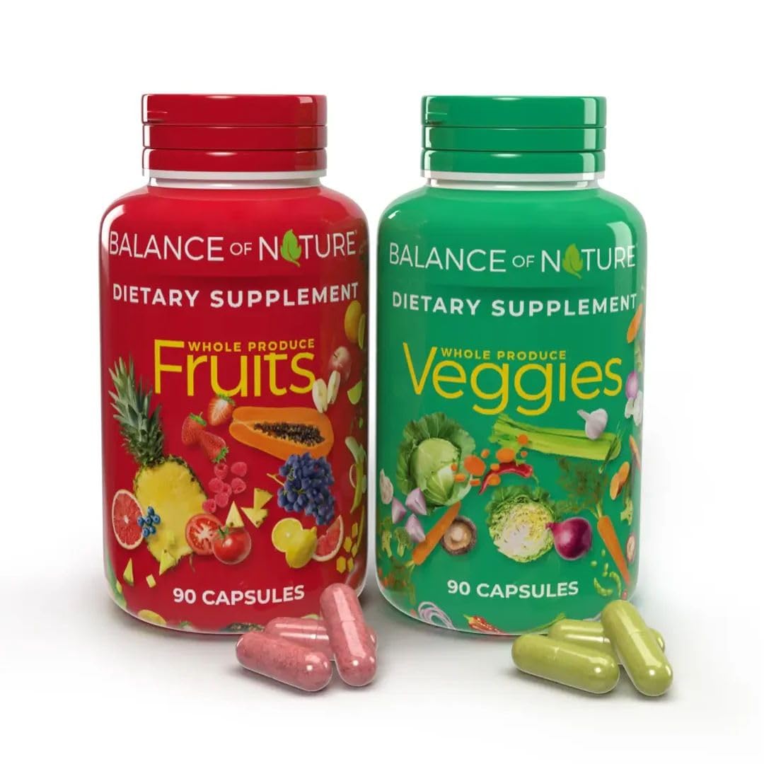Balance of Nature Fruits & Veggies Supplements - Whole Fruit and Vegetable Ingredients for Women, Men, and Kids - 90 Fruits Capsules, 90 Veggies Capsules - 1 Set