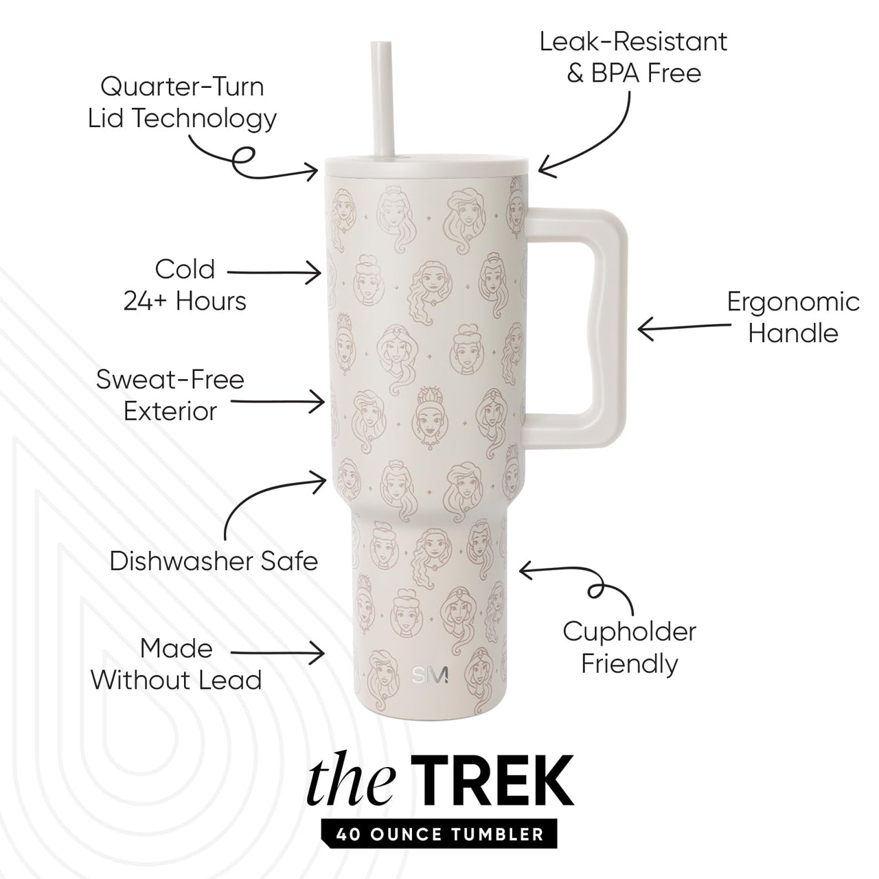 Simple Modern Disney 40 oz Tumbler with Handle and Straw Lid | Insulated Reusable Stainless Steel Water Bottle Travel Mug | Gifts for Women Men Him Her | Trek Collection | 40oz | Princess Icons