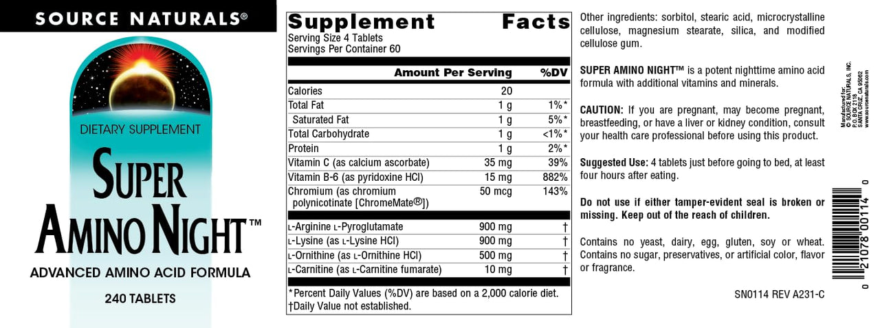 Source Naturals Super Amino Night - Advanced Amino Acid Formula* - 240 Tablets