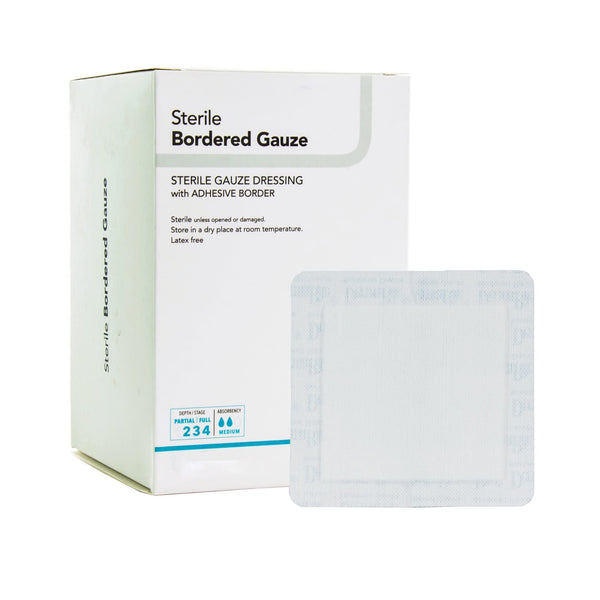 DermaRite's Sterile Bordered Gauze Dressing with Adhesive Border - Flexible Non-Linting Material, First-Aid, Individually Packaged - 2 in. x 2 in., 1 Count, 50 Packs, 50 Total