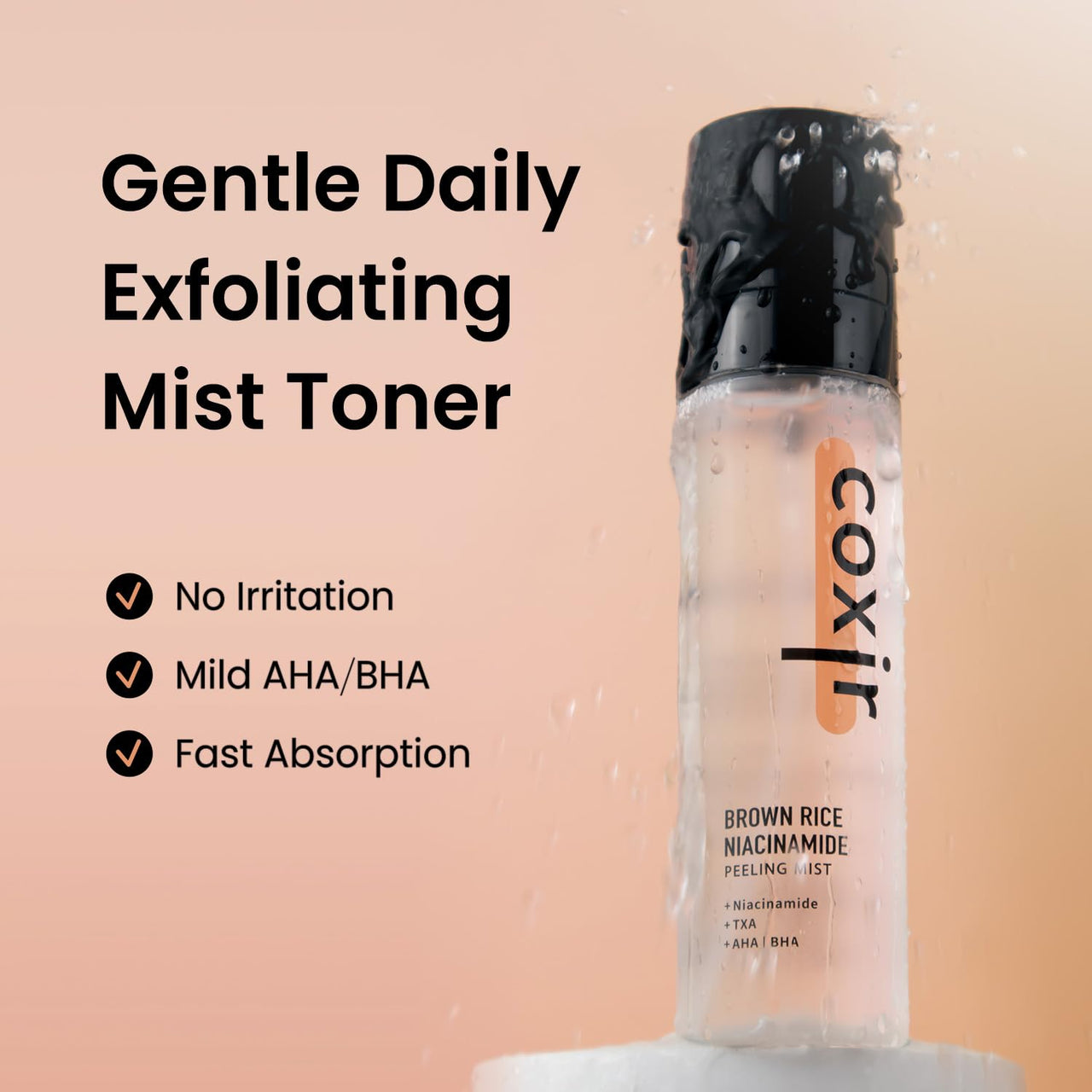 coxir Brown Rice Gentle Mist Toner – Niacinamide, TXA, AHA/BHA | Daily Mild Peeling Facial Spray for Smooth Texture & Pore Care | Korean Skincare [2.70 fl.oz]