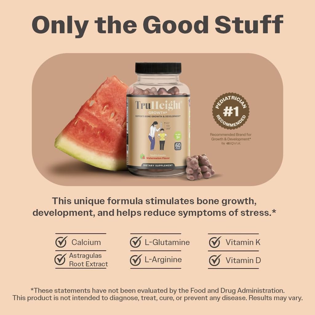 TruHeight Growth Gummies (Watermelon) Tall Nutrition for Natural Growth Supplement for Kids & Teens - Vitamin D, K, Calcium & Ashwagandha, Bone Strength Vitamins D3 K2, Picky Eater, Taller Ages 5+
