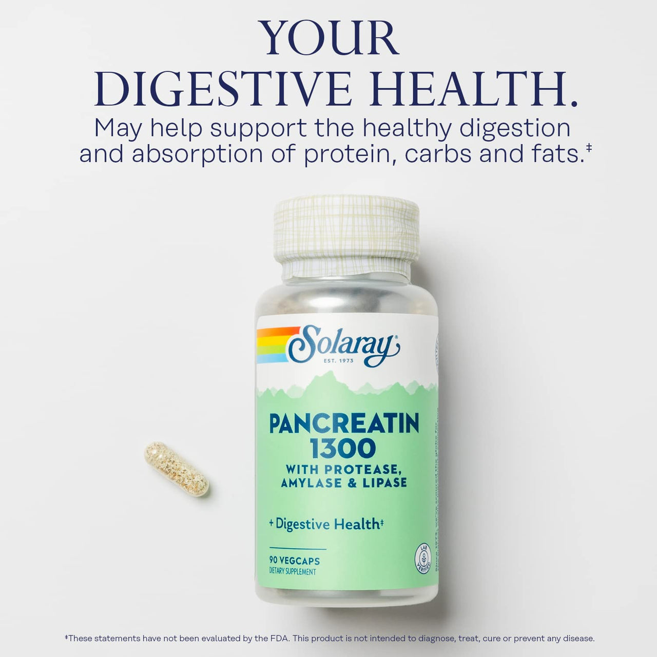SOLARAY Pancreatin 1300, Pancreatic Digestive Enzymes with Protease, Amylase and Lipase, Plus Papain - Digestion Health Support, Lab Verified, 60 Day Guarantee, 90 Servings, 90 VegCaps