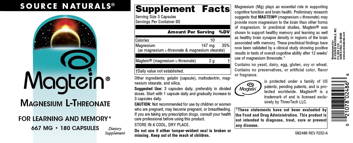 Source Naturals Magtein Magnesium L-Threonate, 667mg, Supports Focus, Mood, Healthy Memory, Cognitive Function - 180 Capsules
