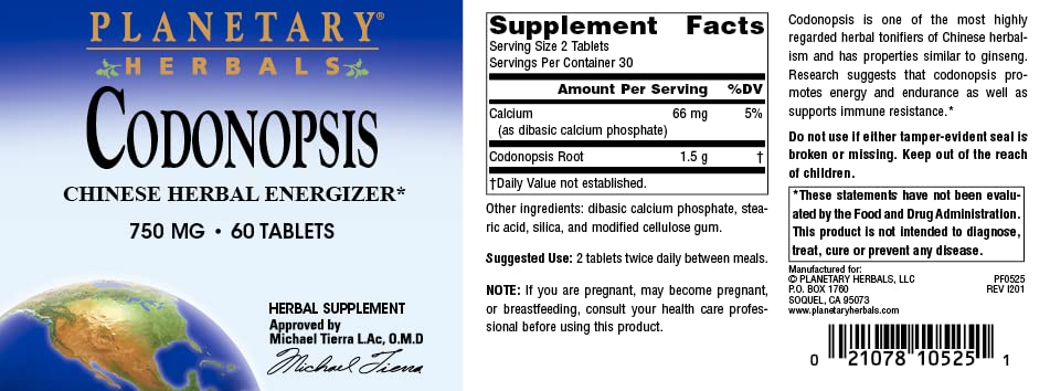 Planetary Herbals Codonopsis Tablets, 750 mg, 60 Count