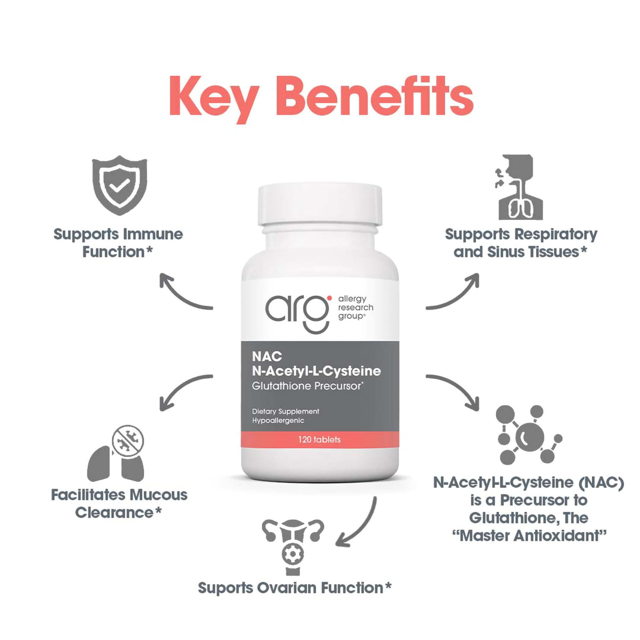 Allergy Research Group NAC Supplement - N-Acetyl-L-Cysteine, Glutathione Precursor, Supports Immune Function, Healthy Mucus Clearance, Free Form Amino Acid, Hypoallergenic - 120 Count