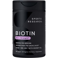 Thumbnail for Sports Research® Biotin 5,000mcg with Organic Coconut Oil - Biotin (Vitamin B7) for Healthy Skin and Hair Support* - for Women and Men - Vegan, Non-GMO, Gluten & Soy-Free - 30 Veggie Softgels